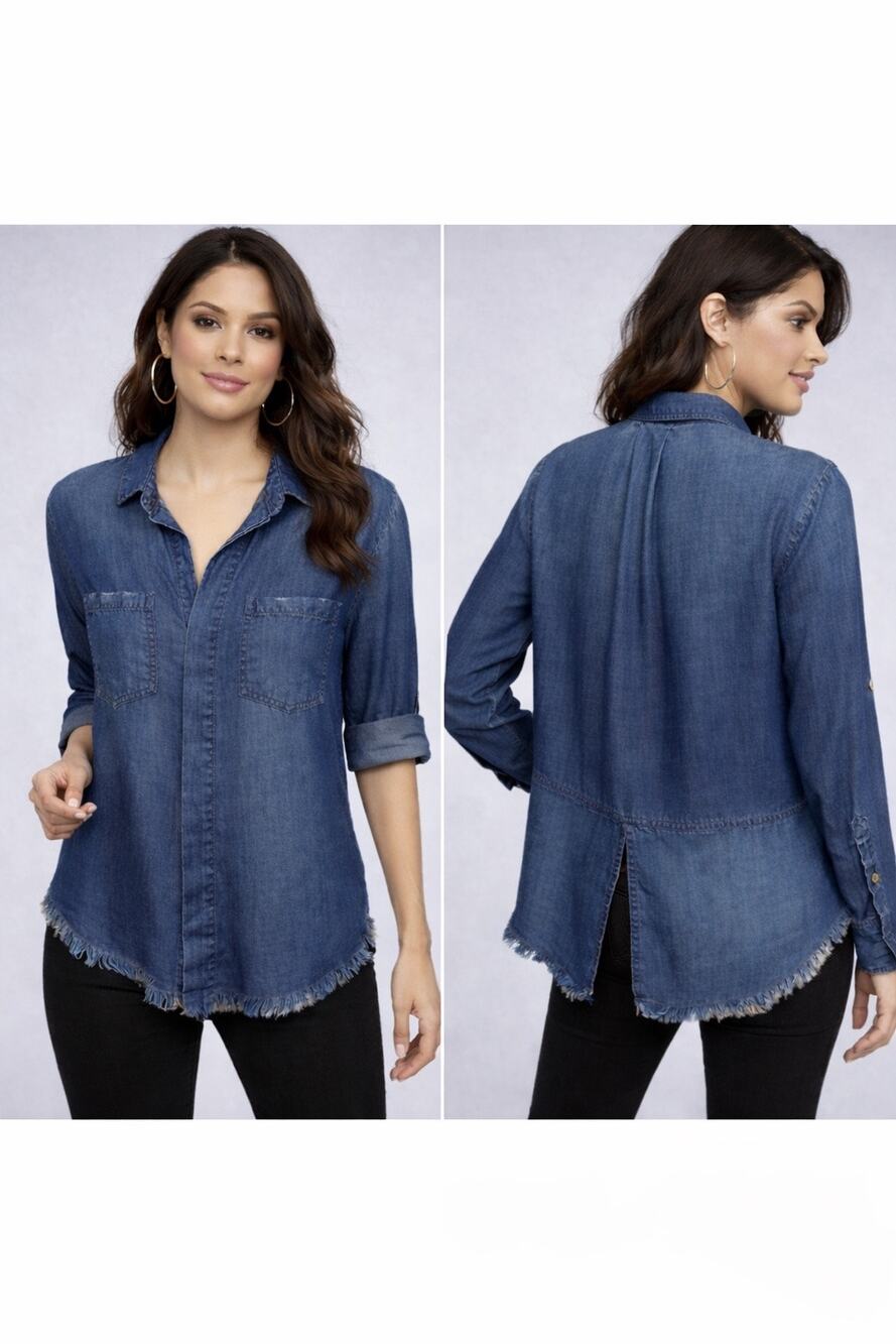 Anthropologie cloth & stone chambray high-low top with distressed hem. Women S